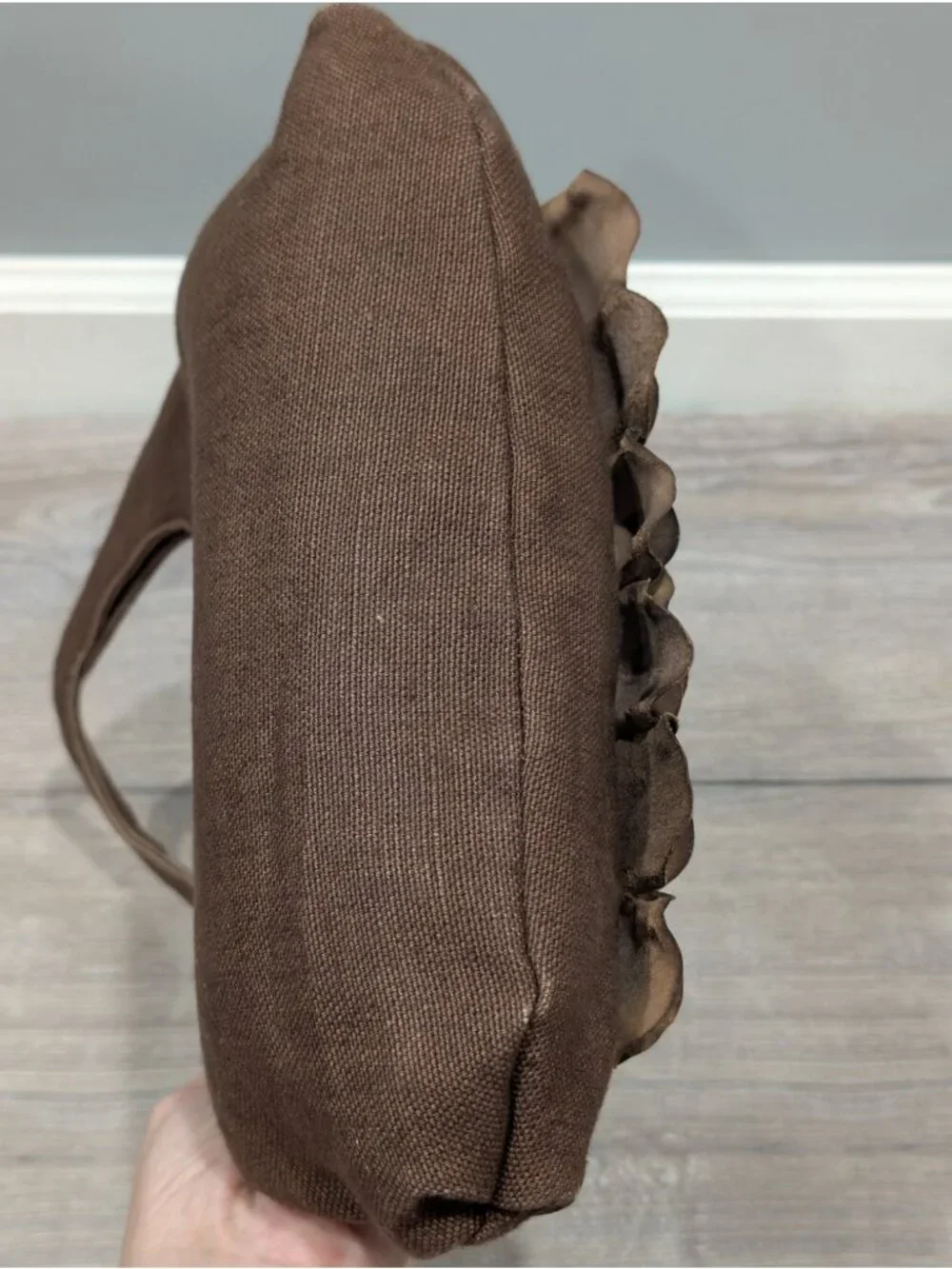 Paolo Masi Italian Leather and Brown Canvas Shoulder Bag Floral Applique Boho